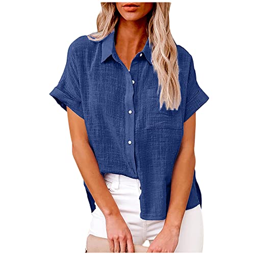 Bluse Damen Baumwolle Leinenbluse Einfarbig Blusenshirt Revers Shirts Kurzarm Tshirt Knöpfe Longbluse Einreihiges Hemd Sommer Tops V-Ausschnitt Hemdbluse Lose Oberteile Übergroße Langarm Damenblusen von Komiseup