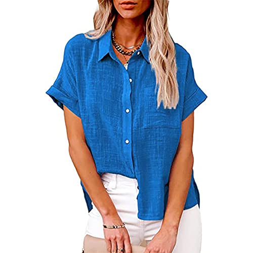 Bluse Damen Baumwolle Leinenbluse Einfarbig Blusenshirt Revers Shirts Kurzarm Tshirt Knöpfe Longbluse Einreihiges Hemd Sommer Tops V-Ausschnitt Hemdbluse Lose Oberteile Übergroße Langarm Damenblusen von Komiseup