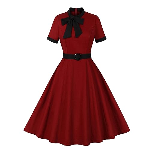 Cocktailkleid Damen Rockabilly Kleider Damen 50er Jahre Kleider Vintage Audrey Hepburn Kleider Festlich Abendkleid für Hochzeit V-Ausschnitt Partykleid mit Gürtel Elegant Ballkleider Petticoat Kleid von Komiseup