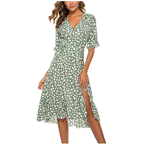 Damen Blumen Sommerkleid Kurzarm V-Ausschnitt Polka Dots Lose Kleid High Waist Midi Kleider Schlitz Knielanges Kleid Strandkleider Freizeitkleid von Komiseup