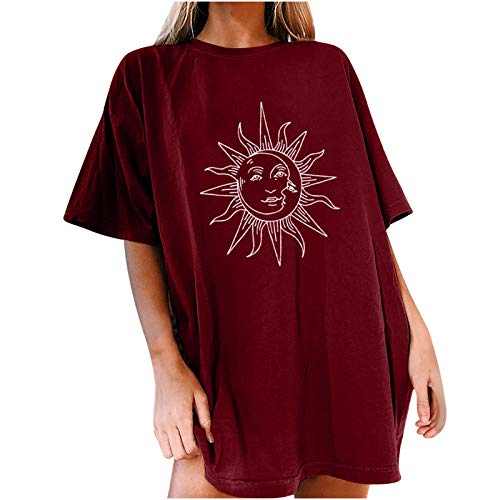 Damen Oversized T-Shirt Sommer Kurzarm Sportshirt Vintage Sterne Sonne Mond Motiv Shirts Lose Rundhals Oberteile Pullover Y2K Sweatshirt für Teenager Mädchen Best Friends Tunika Tops Lang Streetwear von Komiseup