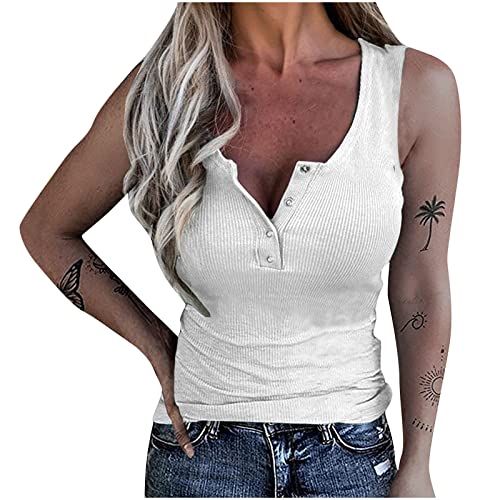 Damen Tank Top Sommer Slim Fit Oberteile Casual V-Ausschnitt Ärmellose Blusen Tanktops Frauen Einfarbig Bluse Oberteil Vintage Gerippt Ärmellos Basic Shirt Weste Top Ribbed Träger Tops Unterhemd von Komiseup