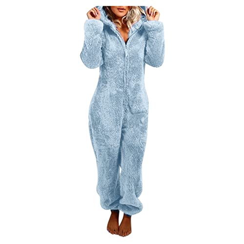 Jumpsuit Damen Kuschelig Winter Warm Overall Teddy Fleece Einteiler Onesie Schlafanzug Kuschelig Lang Pyjama Flauschig Weich Hausanzug Einfarbig Schlafoverall Elegant Reißverschluss Homewear von Komiseup