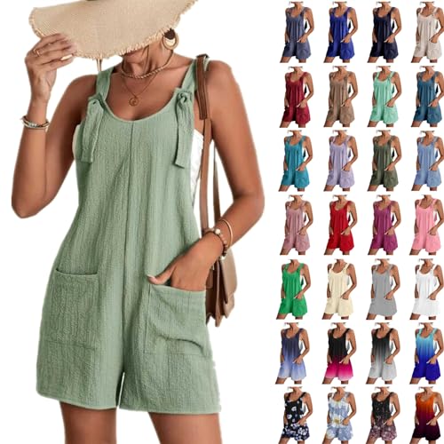 Jumpsuit Damen Sommer Ärmellos Overalls Kurz V-Ausschnitt Latzhose Casual Baumwolle Playsuit Elegant Einfarbige Einteiler High Waist Shortalls mit Taschen Locker Hosenträger Übergroße Spaghetti Romper von Komiseup