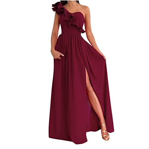 Komiseup Abendkleider Elegant für Hochzeit, Cocktailkleid Damen, Kleider Damen Elegant Sexy One-Shoulder-Rüschensaum Schlitz einfarbiges Lang Abendkleid Brautjungfernkleider Ballkleid Partykleid von Komiseup