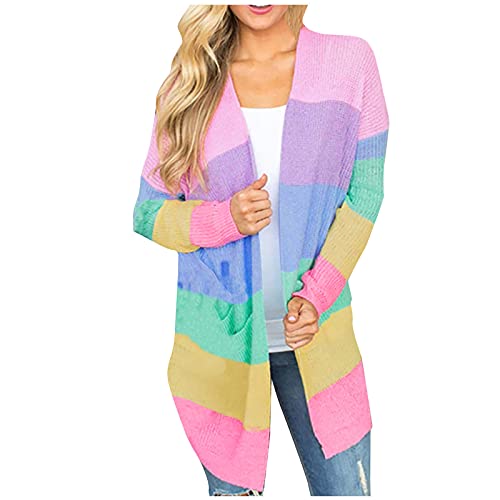 Komiseup Damen Strickjacke Regenbogenfarben gestreift Langarm Pullover Farbblock Mantel Lässige Strickjacke von Komiseup