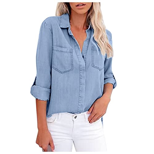 Komiseup Jeanshemd Damen Langarm Weich Denim Bluse Shirt Knopfleiste mit Brusttaschen Gewaschen Sommer Jeansbluse Frühling Herbst Jeansjacke Teenager-Mädchen Mode Jeans Hemdbluse von Komiseup