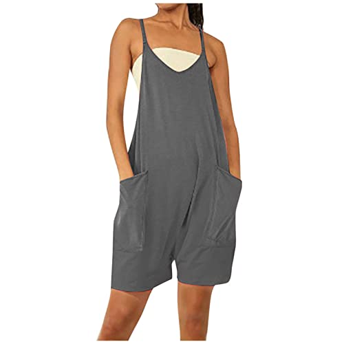 Komiseup Jumpsuit Damen Sommer Kurz Baggy Oversize Lässige Locker Trägerhose Overalls Ärmellose Strampler Playsuit mit Große Taschen Arbeitshose Latzhose von Komiseup