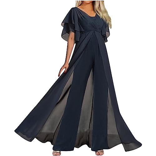 Komiseup Marine Overalls Damen Langes Gaze Jumpsuits Kurzarm V-Ausschnitt Einteiler Elegant Einfarbige Playsuit Festliche Party Bodysuit Business Formal Hosenanzug High Waist Weites Bein Hosen von Komiseup