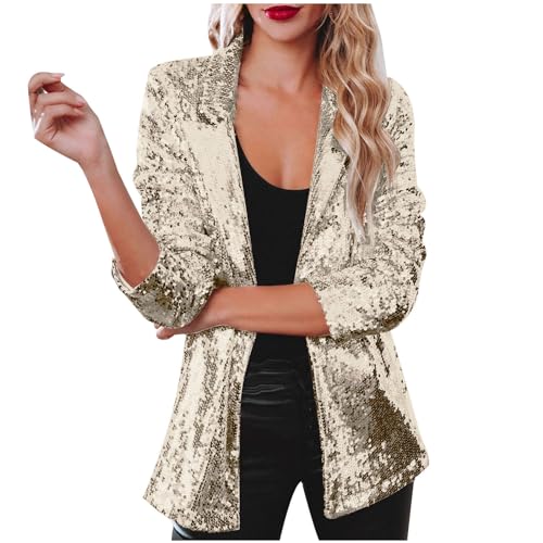 Komiseup Pailletten Blazer Damen Elegant Einfarbige Anzug mit Glitzer Revers Blazer Party Anzugjacke Langarm Blazer Locker Geschäft Büro Jacke Mantel Casual Anzüge Glitzer Karneval Kostüm Clubwear von Komiseup