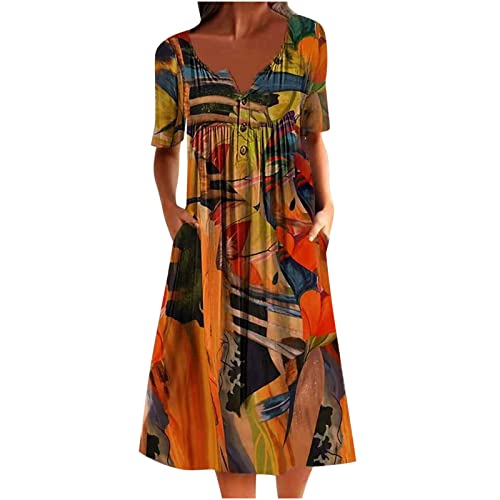 Komiseup Sommerkleid Damen Kurzarm Knopfleiste Falten Kleider Vintage Druck Boho Strandkleid Freizeitkleid von Komiseup