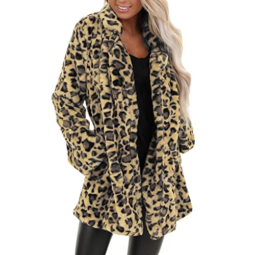 Pelzmantel Damen Oversized Leopard Plüschjacke Warme Kunstpelz Mantel mit Kapuze Flauschige Fellmantel Nerzmantel Parka Jacke Wintermantel von Komiseup