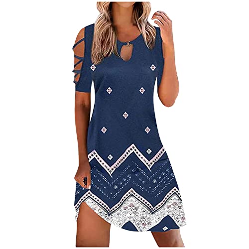 Sommerkleid Damen Kurz Strandkleid Kurzarm Swing Tunika Lässiges Kleider Sexy Elegant Boho Schulterfrei Frauen Blusenkleid Sommer lockeres Kleid Blumendruck V-Ausschnitt Strandkleid Minikleid von Komiseup