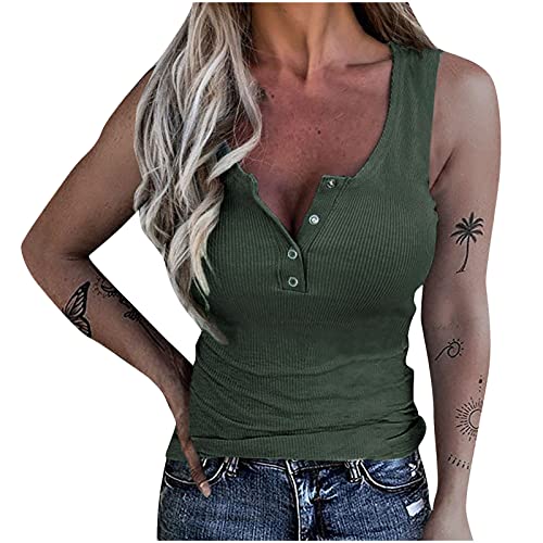 Tank Top Damen Lässiges Rippe Knopf V-Ausschnitt Sommer Tops Ärmelloses T-Shirt Elegante Frauen Einfarbig Tanktops Slim Fit Shirt Unterhemd von Komiseup