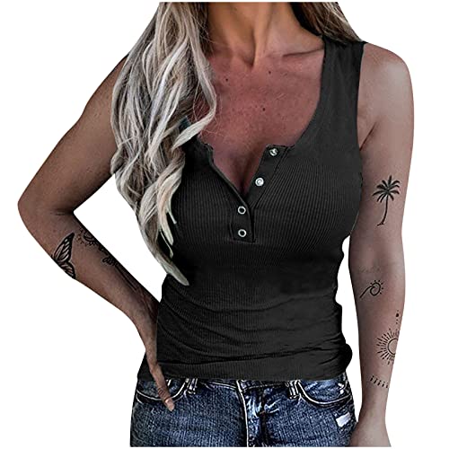 Tank Top Damen Lässiges Rippe Knopf V-Ausschnitt Sommer Tops Ärmelloses T-Shirt Elegante Frauen Einfarbig Tanktops Slim Fit Shirt Unterhemd von Komiseup