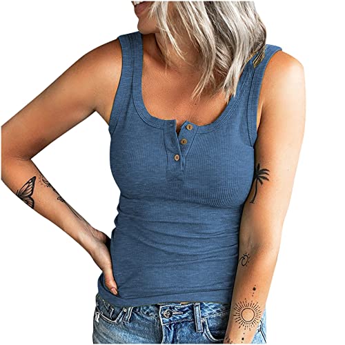 Tank Top Damen Lässiges Rippe Knopf V-Ausschnitt Sommer Tops Ärmelloses T-Shirt Elegante Frauen Einfarbig Tanktops Slim Fit Shirt Unterhemd von Komiseup