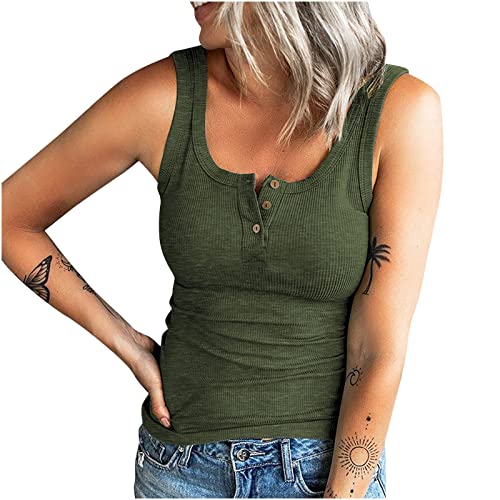 Tank Top Damen Lässiges Rippe Knopf V-Ausschnitt Sommer Tops Ärmelloses T-Shirt Elegante Frauen Einfarbig Tanktops Slim Fit Shirt Unterhemd von Komiseup