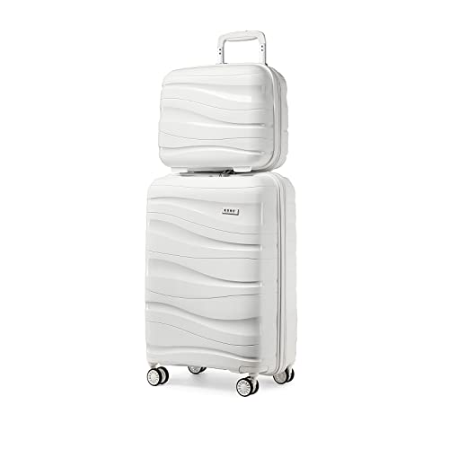 KONO Koffer Trolleys Gepäcksets 2 Teilig Kofferset mit Beautycase Polypropylen Hartschalenkoffer Reisekoffer mit 4 Rollen und TSA Schloss, 55cm Handgepäck + Kosmetikkoffer (Creme Weiß) von KONO