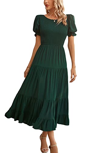 Kormei Damen Sommerkleid mit Rundhalsausschnitt, Rüschen, Puffärmel, gesmokt, gestuft, Boho, hohe Taille, Midi-Strandkleid, Grün , Mittel von Kormei