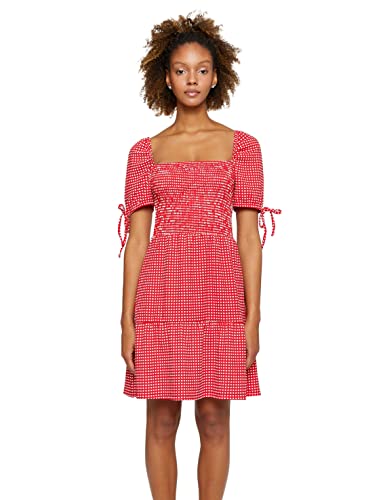 Koton Damen Check Square Neck Gimped Puff Sleeve Dress, Red Design (4d1), M EU von Koton