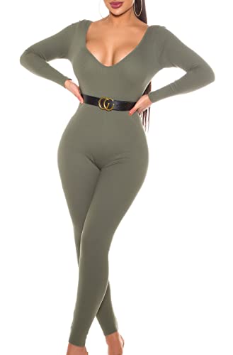Koucla Damen Overall Jumpsuit Playsuit V-Ausschnitt mit Gürtel (Khaki, L) von Koucla