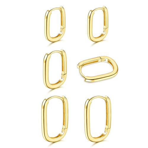 KRFY Creolen für Damen Gold 3Paar 14K Weißgold Vergoldet Hypoallergene Kleine Geometrische Leichte Rechteck Knorpel Schläfer Huggie Creolen Ohrringe Set für Mehrere Piercing Mädchen Herren von Krfy