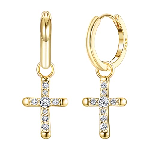 KRFY 925 Sterling Silber Kreuz Ohrringe für Damen Männer Zierliche CZ Huggie Hoop Ohrringe Iced Out Cross Dangle Ohrringe Lightweight Huggie Cuff Ohrringe 18K Gold/Silber von Krfy