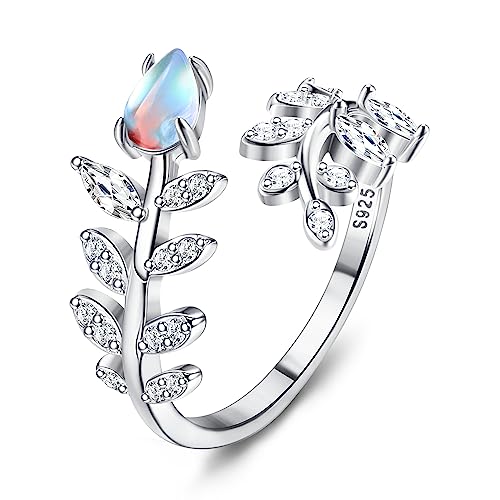 Krfy 925 Sterling Silber Ringe für Damen Cubic Zirkonia Offene Ringe Verstellbar CZ Mondstein Opal Blatt Stern Ring für Mutter Freundin Mädchen Schmuck Hochglanzpoliert Silber Ringe von Krfy