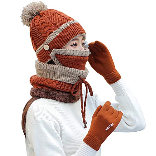 Krrinnhy Damen Mütze Schal Set mit Mundschutz und Handschuhe 4 in 1 Wintermütze Winddicht Strickmütze Warme Weiche Beanie Mütze mit Bommel für Damen Herren Halswärmer Outdoor Radfahren,Braun von Krrinnhy