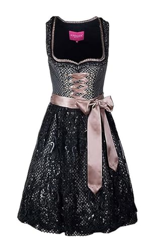 Krüger Dirndl Taina Damen schwarz Gold | 60cm Knielang edel | Jacquard Spitze Gr 38 von Krüger