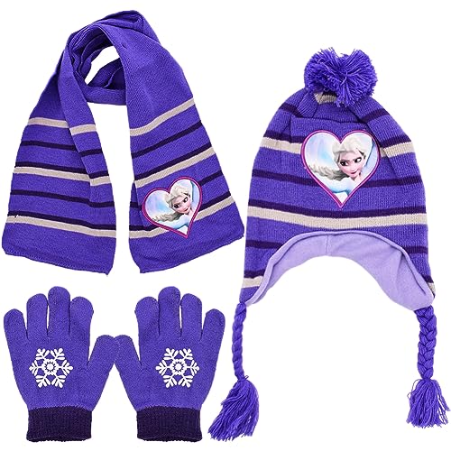 Froze Mütze Schal Handschuhe Anna Elsa Wintermütze Set Winter Herbst Frühling Schal Rosa Strickmütze Handschuhe Kombiset Tolle Geschenkidee für Mädchen Lila 3 Stücke B von Ksopsdey