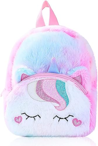 Ksopsdey Plüsch Einhorn Rucksack - Niedlich Plüsch Einhorn Rucksack für Mädchen Schulrucksack, Reisetasche Mädchen Rucksäcke Geschenke, Weiche Regenbogen Rucksack (23 * 16 * 10CM) von Ksopsdey