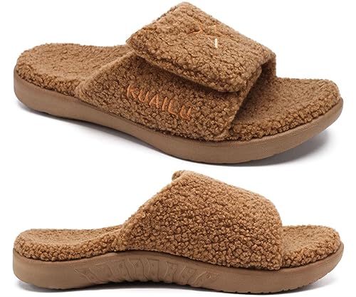 KuaiLu Hausschuhe Herren 40 Winter Warme Flauschige Fussbett Sandalen für Männer mit Klettverschluss Offener Zeh Plüsch Orthopädische Hausschuhe mit Arch Support, Khaki Weihnachts von KuaiLu