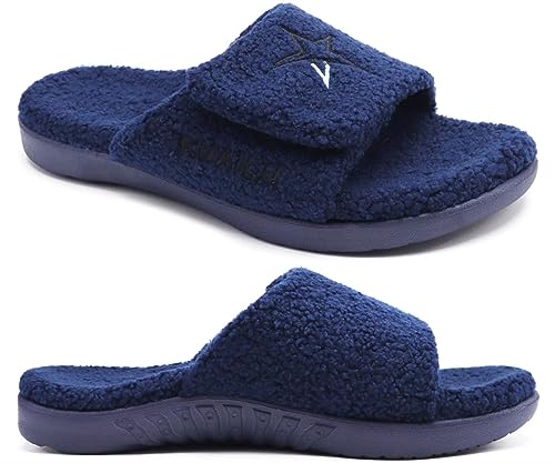 KuaiLu Hausschuhe Herren 41 Winter Warme Flauschige Fussbett Sandalen für Männer mit Klettverschluss Offener Zeh Plüsch Orthopädische Hausschuhe mit Arch Support, Blau Weihnachts von KuaiLu