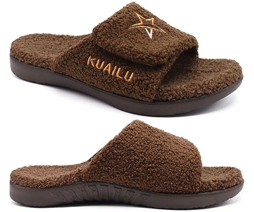 KuaiLu Hausschuhe Herren 41 Winter Warme Flauschige Fussbett Sandalen für Männer mit Klettverschluss Offener Zeh Plüsch Orthopädische Hausschuhe mit Arch Support, Braun Weihnachts von KuaiLu