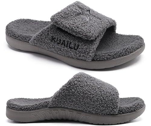 KuaiLu Hausschuhe Herren 41 Winter Warme Flauschige Fussbett Sandalen für Männer mit Klettverschluss Offener Zeh Plüsch Orthopädische Hausschuhe mit Arch Support, Grau Weihnachts von KuaiLu