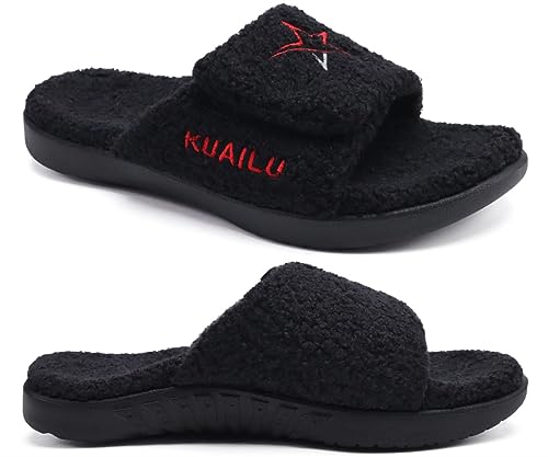 KuaiLu Hausschuhe Herren 44 Winter Warme Flauschige Fussbett Sandalen für Männer mit Klettverschluss Offener Zeh Plüsch Orthopädische Hausschuhe mit Arch Support, Schwarz Weihnachts von KuaiLu