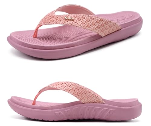 KuaiLu Rosa Flip Flops Damen Leder Zehentrenner mit Arch Support für Sommer Beach Frauen Bequeme Yoga Mat Tanga Sandalen für Plantar Fasciitis Größe 37EU von KuaiLu