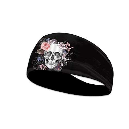 Bandana für Männer Totenkopf Turban Rose Blume Stirnbänder für Frauen, Skelett Blumenmuster Workout Stirnband Schwarz Schweißband Unisex Haarband Gothic von Kuiaobaty