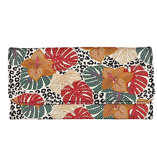 Kuiaobaty Damen-Geldbörse aus PU-Leder, Vintage-Stil, florales Tier-Design, lange Clutch, dreifach gefaltet, Organizer, Geldbörse, Geldtasche für Mädchen, Monstera Leaf Leopard, Casual von Kuiaobaty