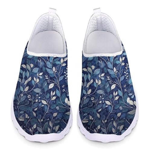 Kuiaobaty Damen Herren Mesh Sneaker Atmungsaktive Schlupfschuhe Totenköpfe Eulen Tiger Print Athletic Walking Sneaker mit Memory-Schaum, Blattblau, 37 EU von Kuiaobaty