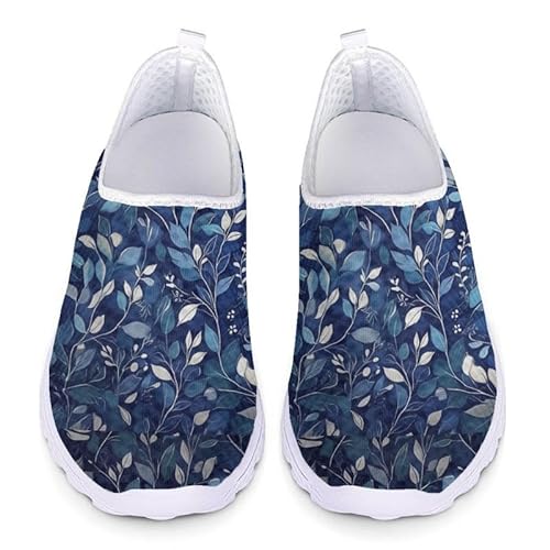 Kuiaobaty Damen Herren Mesh Sneaker Atmungsaktive Schlupfschuhe Totenköpfe Eulen Tiger Print Athletic Walking Sneaker mit Memory-Schaum, Blattblau, 38 EU von Kuiaobaty