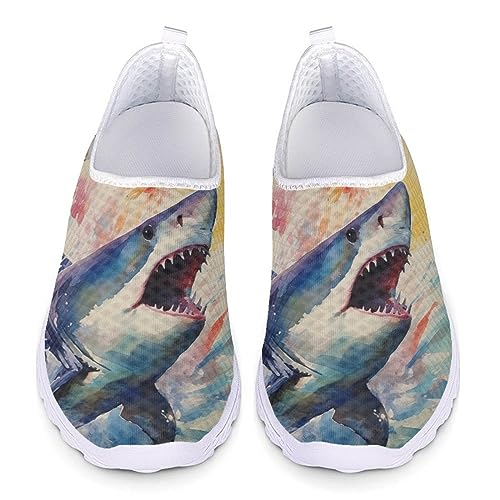 Kuiaobaty Damen Herren Slip-On-Sneaker mit Tierdruck, leicht, Damen-Totenköpfe, modische Sneaker, Fraktal-Kunst-Laufschuhe, Paint Shark, 41.5 EU von Kuiaobaty