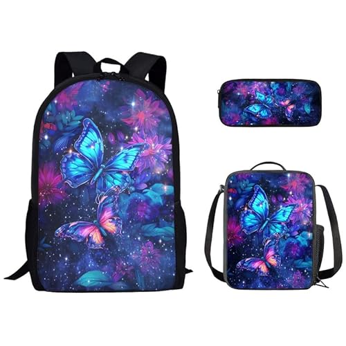 Kuiaobaty Wolf Rucksack für Kinder, Schulranzen-Set mit Lunchtasche und Federmäppchen, leichter Fußball-Rucksack, Violett, Blau, Sterne, Schmetterling von Kuiaobaty