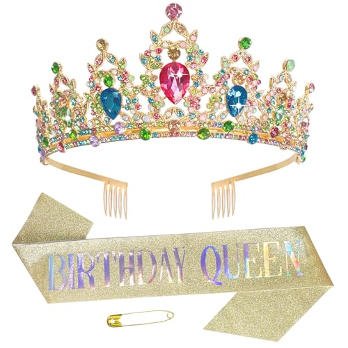 Happy Birthday Mädchen Stirnband Geburtstag Königin Krone Strass Tiara Gürtel Set Kristall Geburtstag Kopfschmuck Party Supplies Glitzer Krone Haarschmuck für Mädchen Frauen von Kunyeah