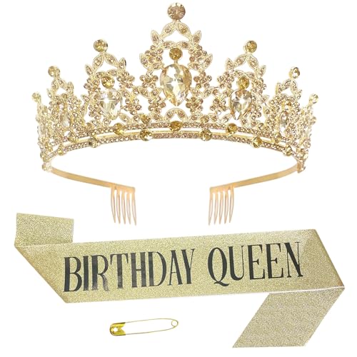 Happy Birthday Mädchen Stirnband Geburtstag Königin Krone Strass Tiara Gürtel Set Kristall Geburtstag Kopfschmuck Party Supplies Glitzer Krone Haarschmuck für Mädchen Frauen von Kunyeah