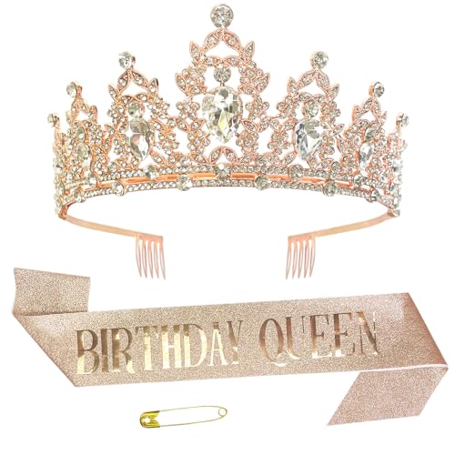 Happy Birthday Mädchen Stirnband Geburtstag Königin Krone Strass Tiara Gürtel Set Kristall Geburtstag Kopfschmuck Party Supplies Glitzer Krone Haarschmuck für Mädchen Frauen von Kunyeah