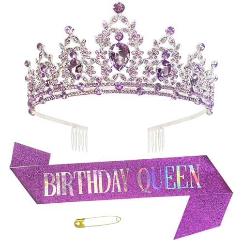 Happy Birthday Mädchen Stirnband Geburtstag Königin Krone Strass Tiara Gürtel Set Kristall Geburtstag Kopfschmuck Party Supplies Glitzer Krone Haarschmuck für Mädchen Frauen von Kunyeah