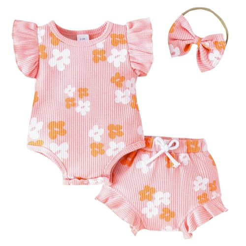 Kunyeah Baby Mädchen Sommerkleidung Kleinkind Ruffle Sleeve Romper Floral Shorts mit Bogen Stirnband niedlich neugeborenen Bodysuit von Kunyeah