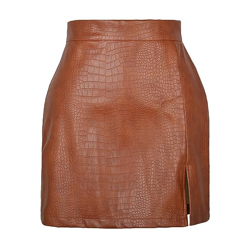 Kuukaas Clubwear Frauen Sexy Rock Lederrock Damen Braun Sexy Damen Rock Herbst Winter Mit Schlitz Minirock Damen Sexy High Waist Eng XL von Kuukaas